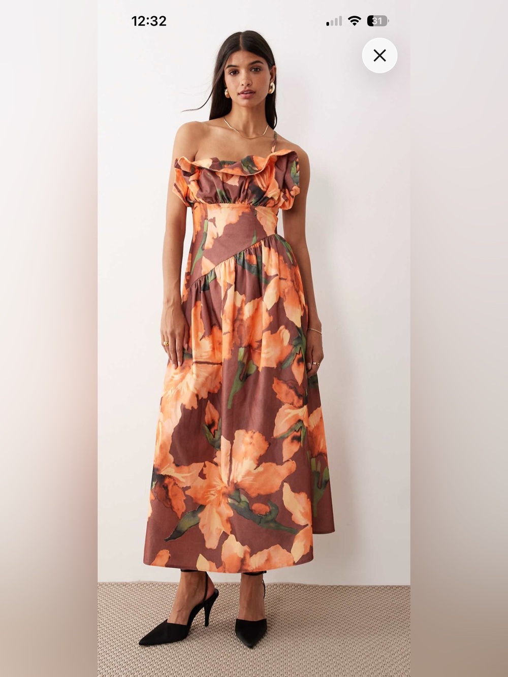 ASOS DESIGN structure ruffled bust asymmetric midi (dark orange floral print)